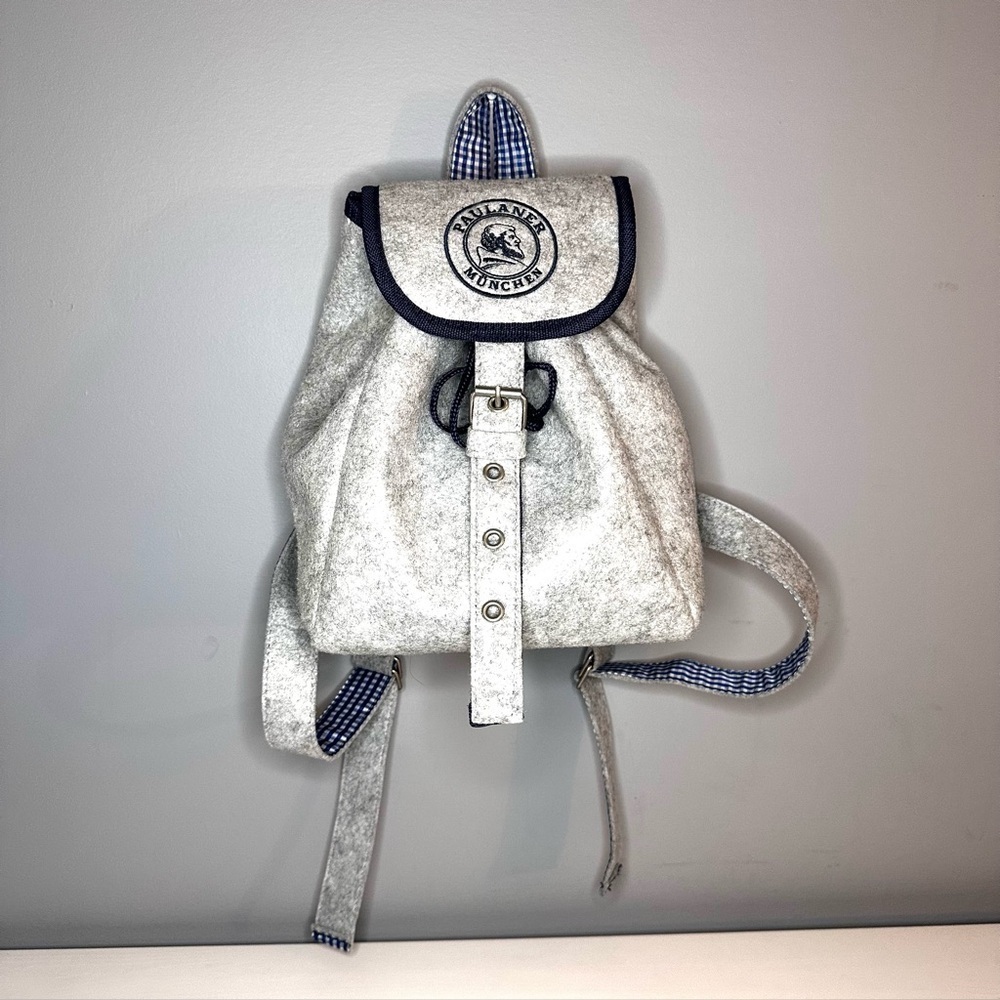 PAULANER MUNCHEN drawstring felt backpack, grey, gingham lined NWOT